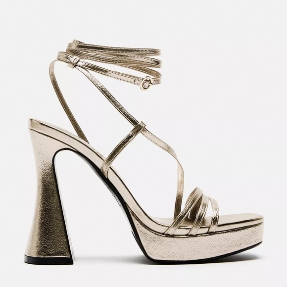 NWOT Zara Bronze Metallic Block Strappy Platform Heels - Picture 1 of 6